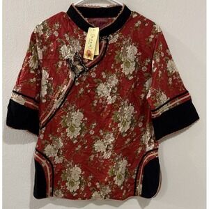 NWT Asian Brocade Jacket Top‎ Red Floral Embroidered Frog Button Women's M